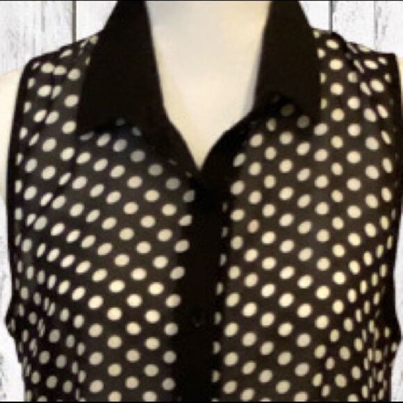 Double Zero Sheer Blouse Sleeveless Button Front Black White Polka Dot Size L - Picture 10 of 11